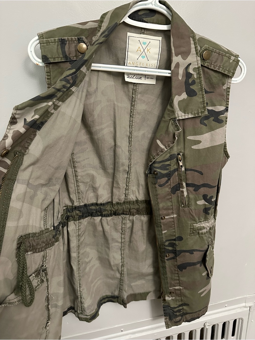 Women’s Angel Kiss Olive Green Camo Utility Vest - 100% Cotton